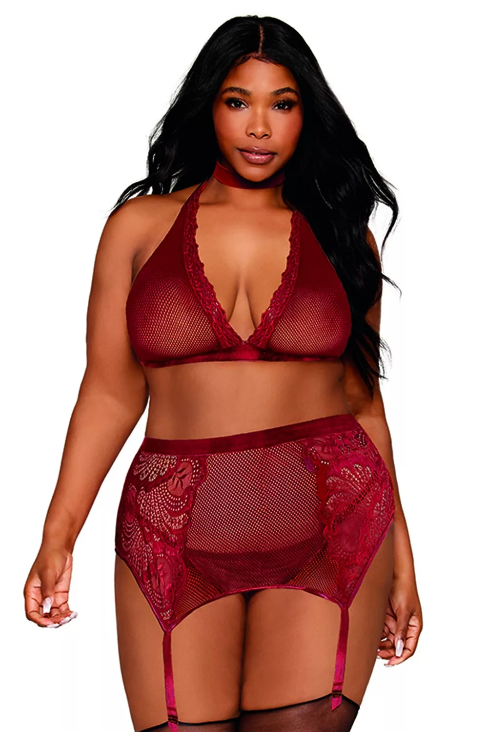 Ensemble 4 pièces grande taille soutien gorge, tour de cou, string et porte jarretelles rouge
