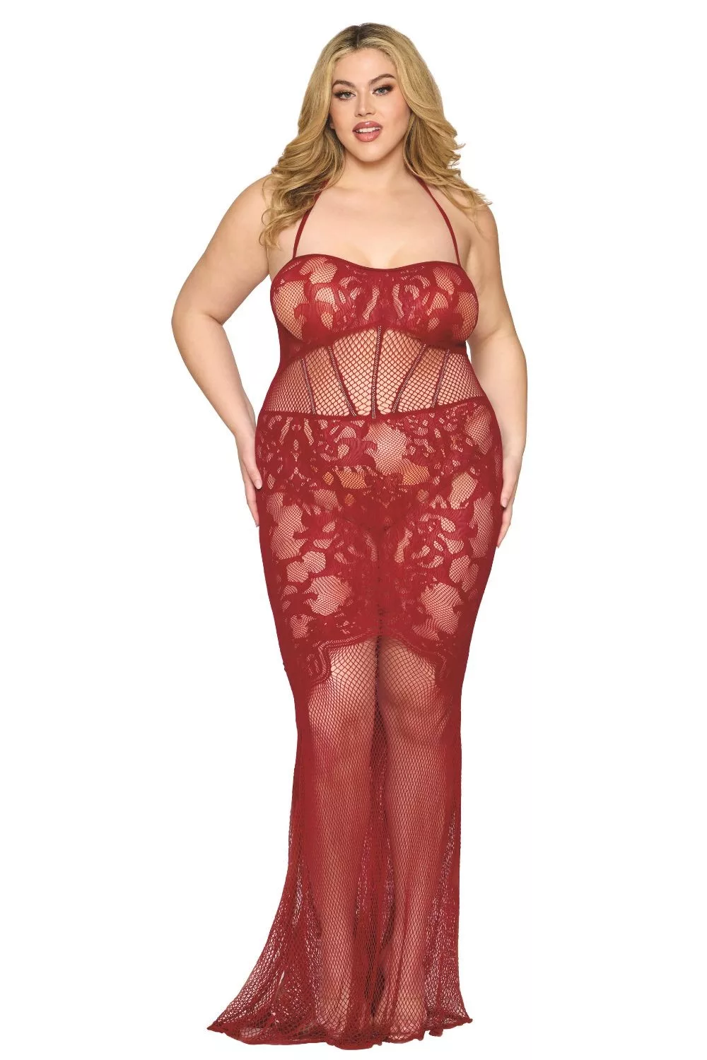 Nuisette longue grande taille en résille rouge
