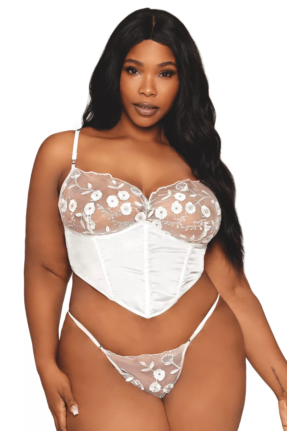 Bustier blanc avec armatures grande taille, en satin et dentelle florale