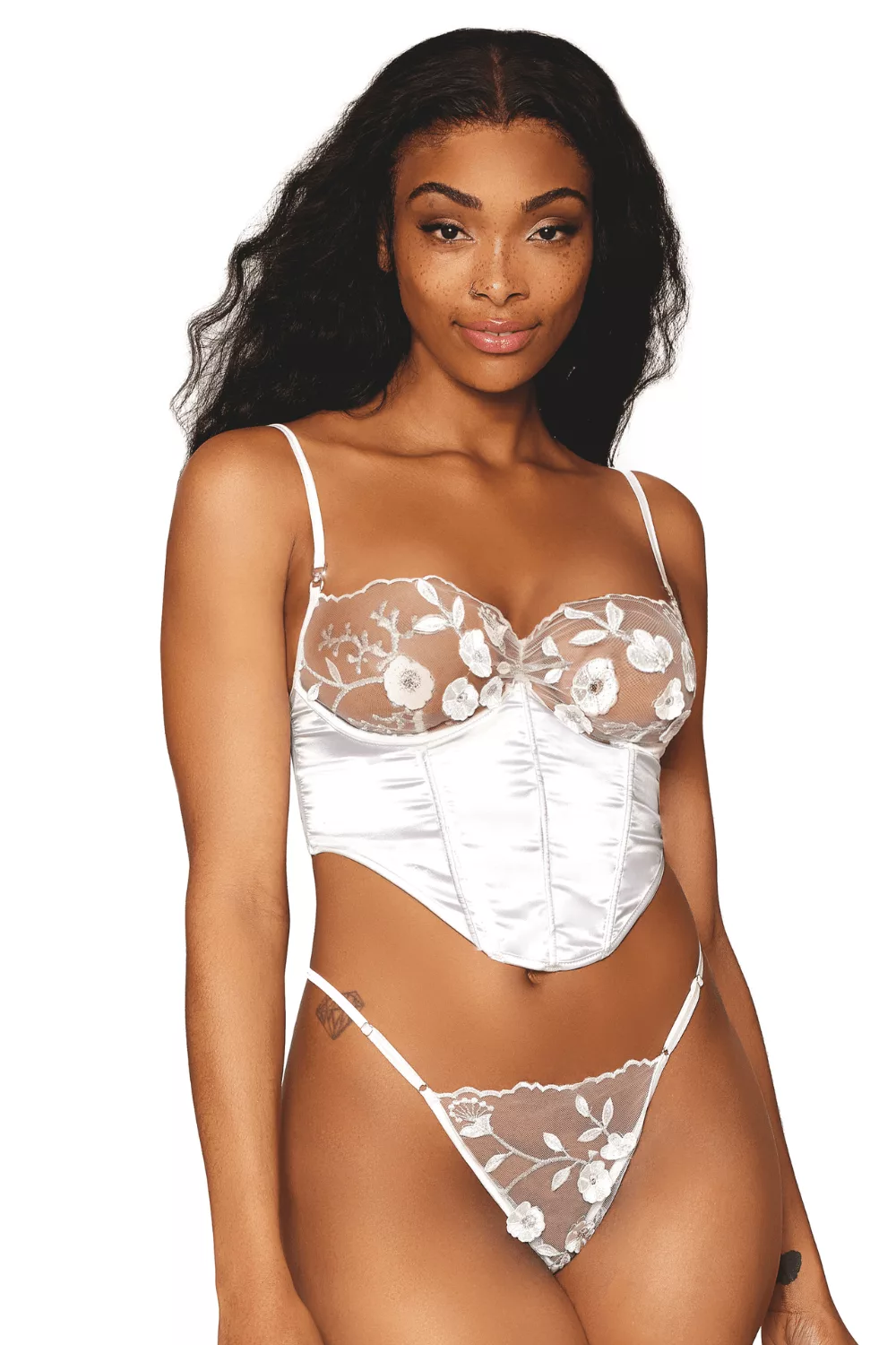 Bustier blanc avec armatures, en satin et dentelle florale